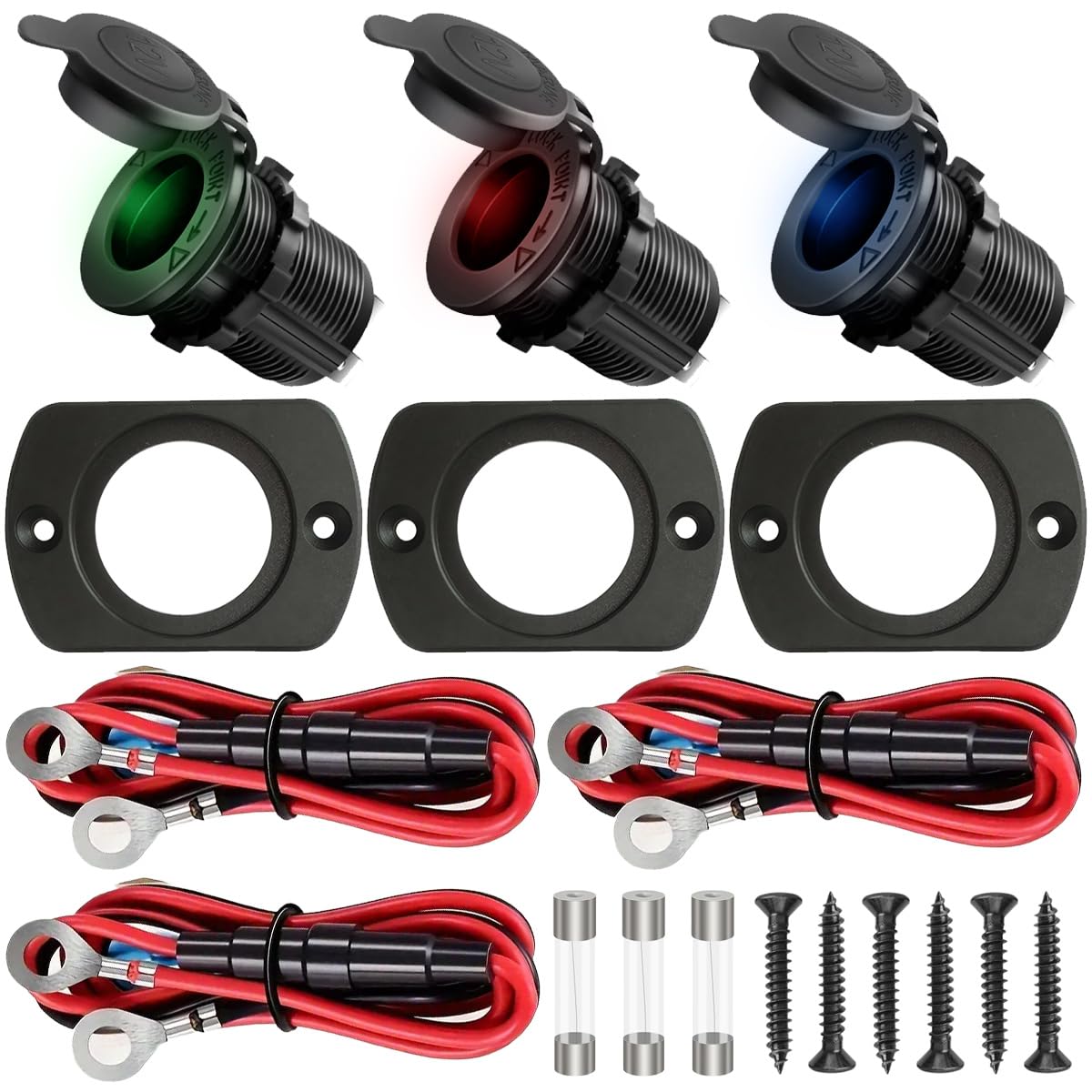 Xiatiaosann 3 Stück Zigarettenanzünder-Steckdose DC 12V/24V 10A Wasserdichte Zigarettenanzünder-Steckdose Steckdose mit LED-Licht (Rot/Blau/Grün) für Auto/Motorrad/Marine, mit Glassicherung, Panel von Xiatiaosann