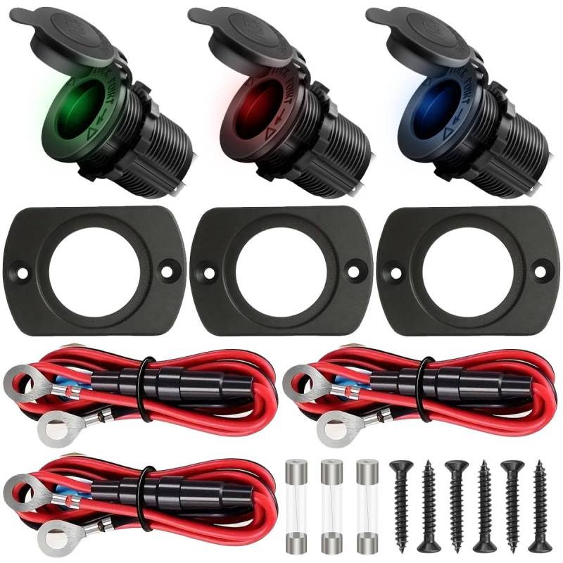 Xiatiaosann 3 Stück Zigarettenanzünder-Steckdose DC 12V/24V 10A Wasserdichte Zigarettenanzünder-Steckdose Steckdose mit LED-Licht (Rot/Blau/Grün) für Auto/Motorrad/Marine, mit Glassicherung, Panel von Xiatiaosann