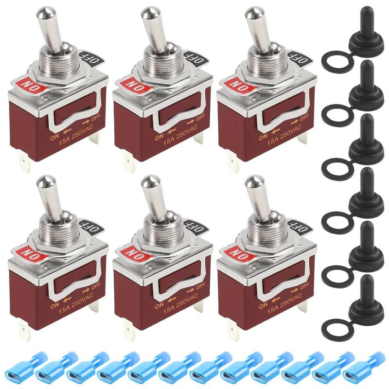 Xiatiaosann 6 Stück Kippschalter 15A 125V / 20A 250V AC 2 Positionen SPST ON/OFF Selbstverriegelnder Schalter Hochleistungs-Wippschalter für Auto, Marine mit wasserdichter Kappe, Drahtverbinder von Xiatiaosann
