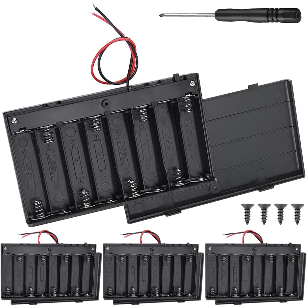 Xiatiaosann 8 AA 12V Batteriehalter mit Kabeln, 8 Slots AA Schwarz Batteriespeicher mit Deckel ON/Off Schalter und Kabeln, Schraubendreher (4 Pack) von Xiatiaosann