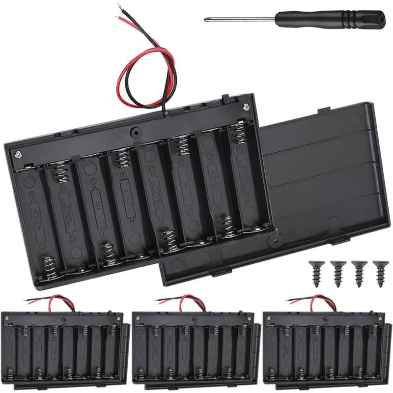 Xiatiaosann 8 AA 12V Batteriehalter mit Kabeln, 8 Slots AA Schwarz Batteriespeicher mit Deckel ON/Off Schalter und Kabeln, Schraubendreher (4 Pack) von Xiatiaosann