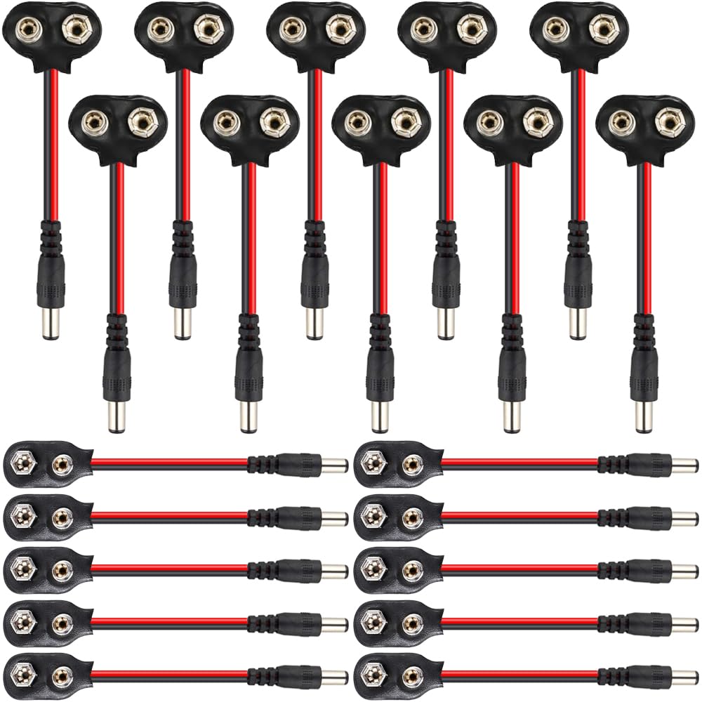 Xiatiaosann 9-V-Batterieanschluss an DC-Steckerkabel, I-Typ und T-Typ 9-Volt-Batterieclip mit 5,5 x 2,1 mm DC-Stecker-Netzkabel für Arduino, LED-Streifen (20 Stück) von Xiatiaosann
