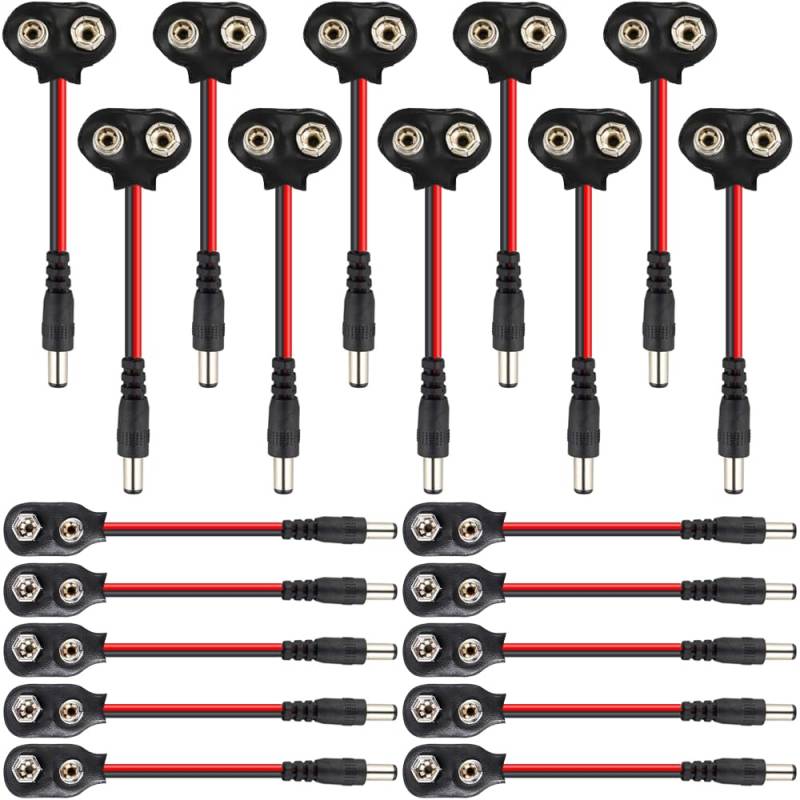Xiatiaosann 9-V-Batterieanschluss an DC-Steckerkabel, I-Typ und T-Typ 9-Volt-Batterieclip mit 5,5 x 2,1 mm DC-Stecker-Netzkabel für Arduino, LED-Streifen (20 Stück) von Xiatiaosann