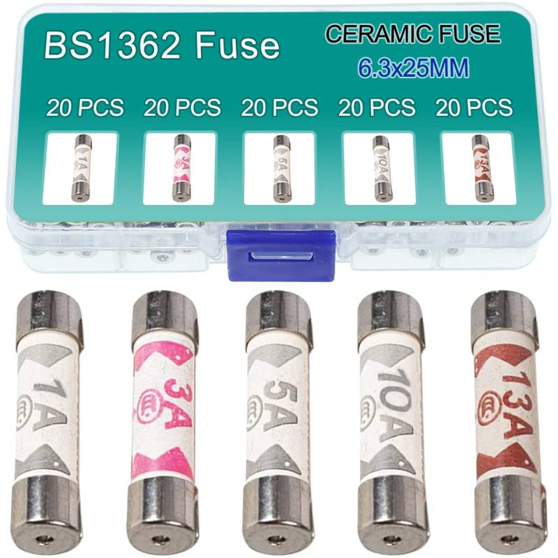Xiatiaosann BS1362 Sicherung 3A 5A 10A 13A 1A Ampere 240V Volt Haushaltsnetzstecker Keramikrohrsicherungen, 100 Stück Gemischter Sicherung UK-Sortiment-Kit 6,3 x 25 mm, 4 Werte Sicherungen von Xiatiaosann