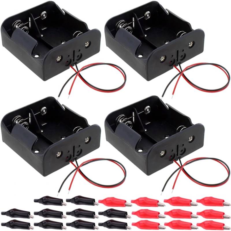 Xiatiaosann D Zellen Batteriehalter mit 2 Steckplätzen und zwei Drähten, 70 x 70 mm, 3 V D Batteriegehäuse mit Kabeln, mit Krokodilklemmen (4er Pack) von Xiatiaosann