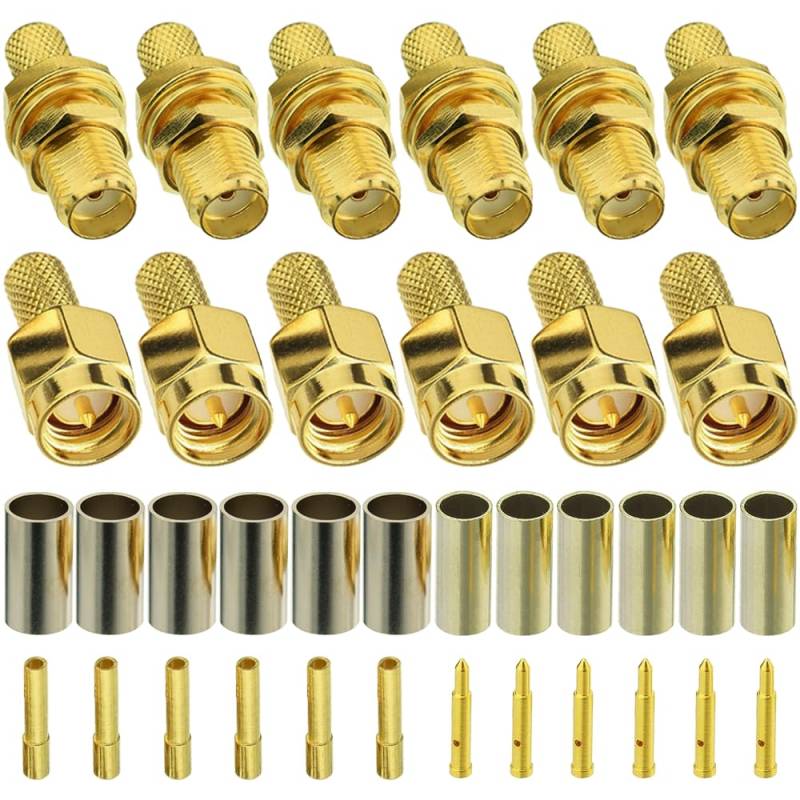 Xiatiaosann SMA-Crimpstecker-Set, SMA-Stecker-Schottverschraubung mit SMA-Buchsen-Schottverschraubung für RG58 RG303 RG141 RG142 RG400 (12er-Pack) von Xiatiaosann