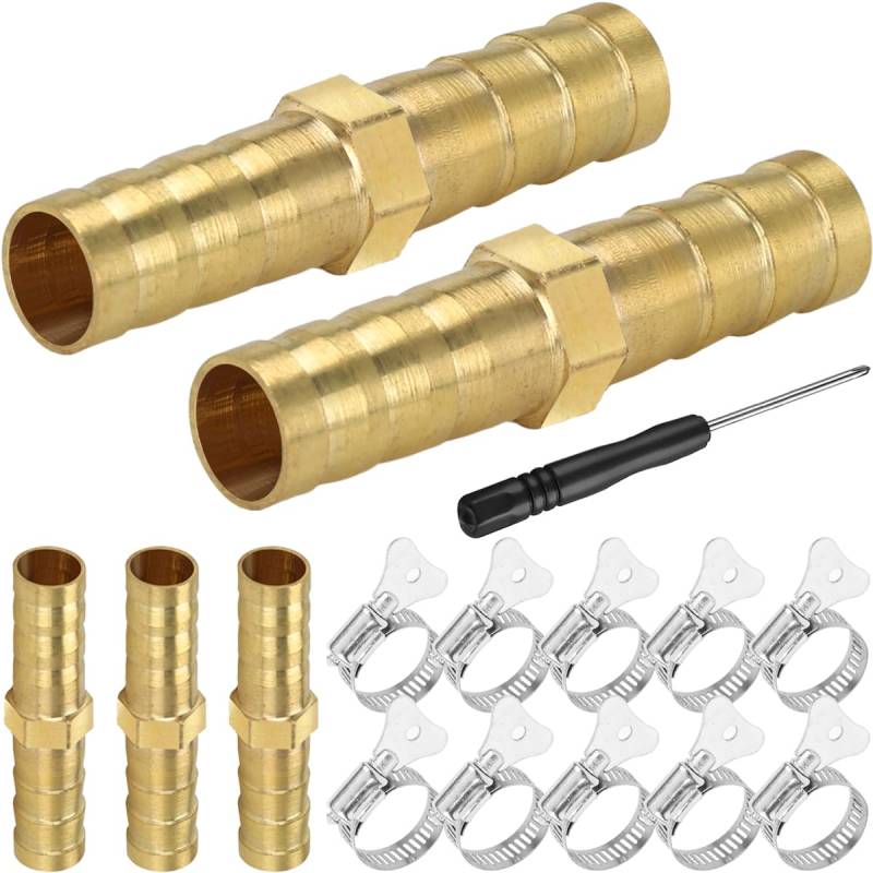 Xiatiaosann Schlauchverbinder Messing Widerhaken Fitting 8mm(5/16 Zoll), Gerader Anschluss Schlauchverschraubung für Luft, Gas, Wasser, Kraftstoff, mit Edelstahl-Rohrklemmen, 5 Stück von Xiatiaosann
