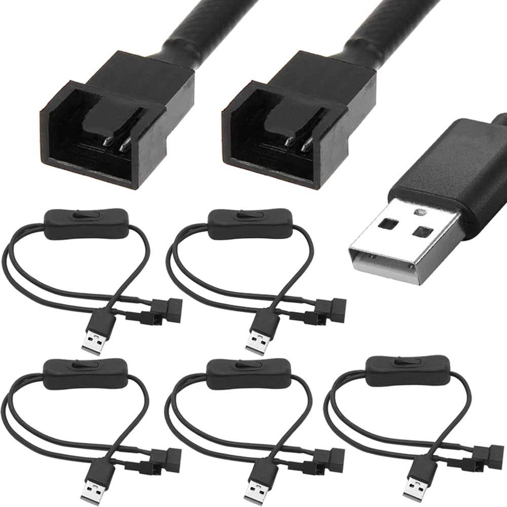 Xiatiaosann USB auf Dual 3-Pin / 4-Pin PWM 5 V USB Sleeved Fan Power Adapter Kabel, 1-zu-2-Wege-Splitter, USB-zu-4-Pin-3-Pin-PWM-5-V-Lüfteranschlusskabel mit 304-Kippschalter (40 cm, 5 Stück) von Xiatiaosann