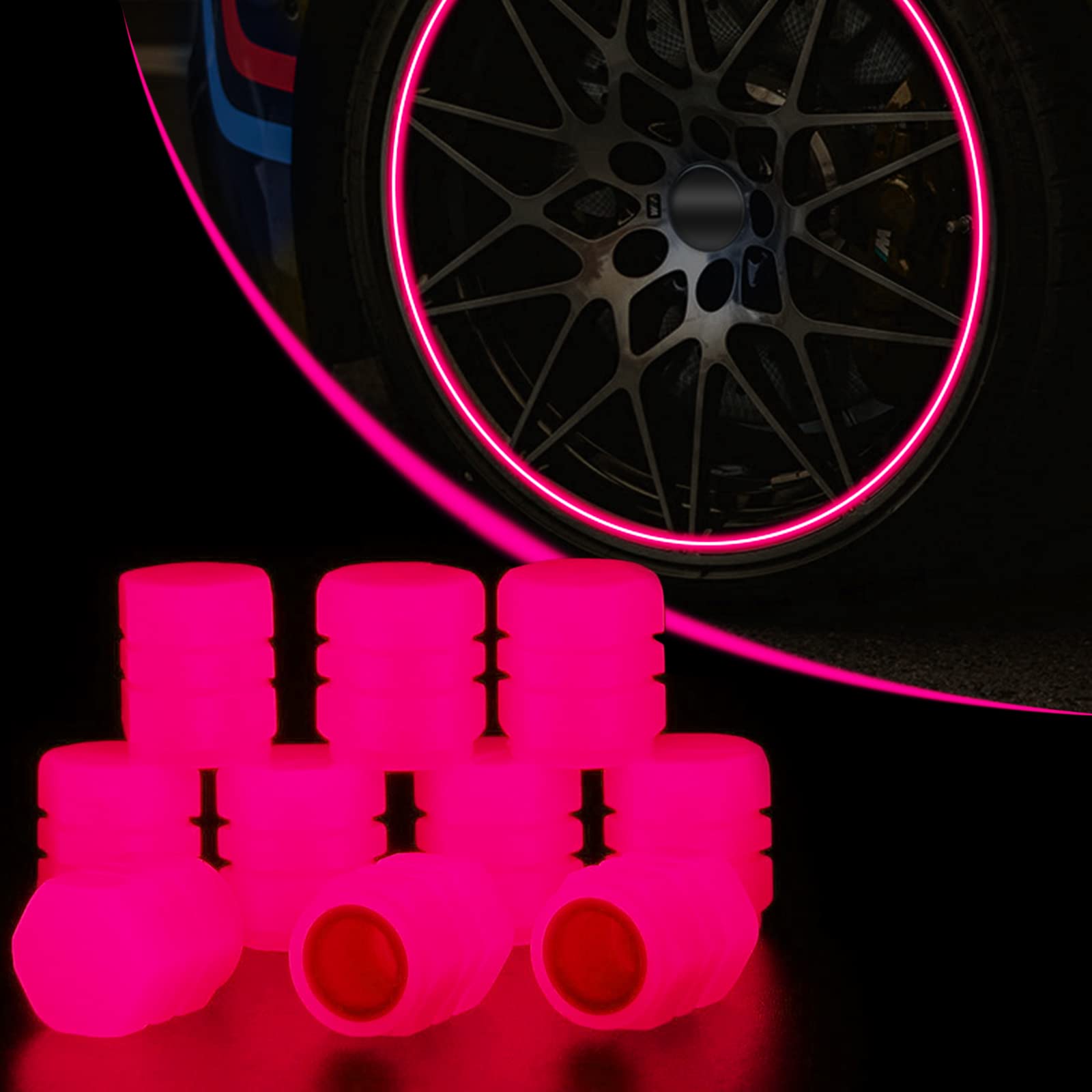 Fluoreszierende Auto-Reifenventilkappen, 10 Stück leuchtende Reifenluftventilkappe, universelle Noctiluzous Auto-Reifenventilkappen für Autos, LKW, SUVs, Motorräder, Fahrrad (rosa) von Xindazhi