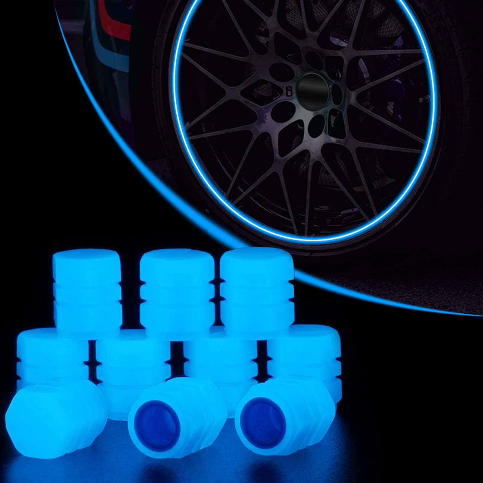 Fluoreszierende Autoreifenventilkappen, 10 Stück leuchtende Reifenluftventilkappe, universelle Noctiluzous Auto-Reifenventilkappen für Autos, LKW, SUVs, Motorräder, Fahrrad (blau) von Xindazhi