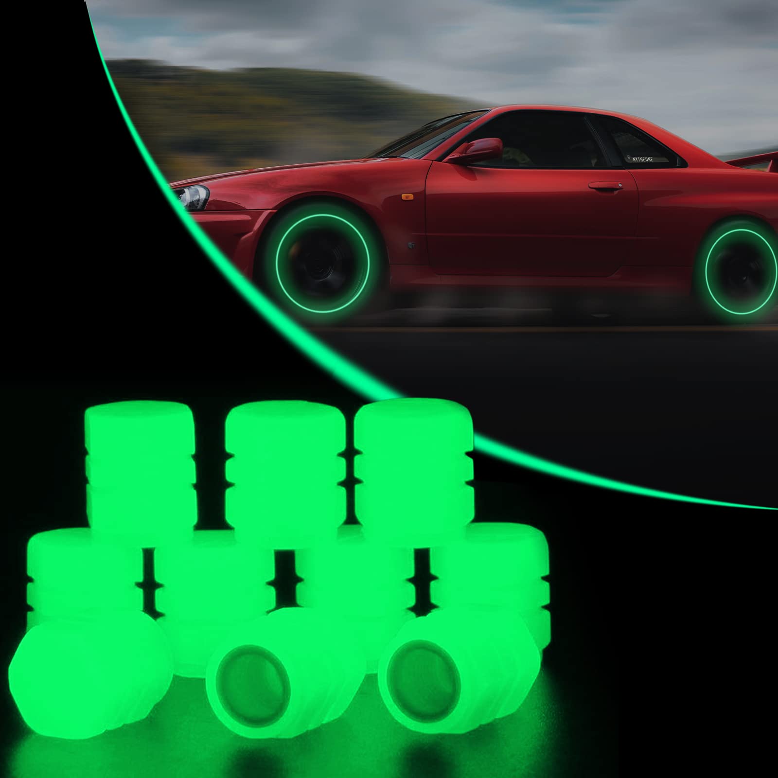 Fluoreszierende Autoreifenventilkappen, 10 Stück leuchtende Reifenluftventilkappe, universelle Noctiluzous Auto-Reifenventilkappen für Autos, LKW, SUVs, Motorräder, Fahrrad (grün) von Xindazhi