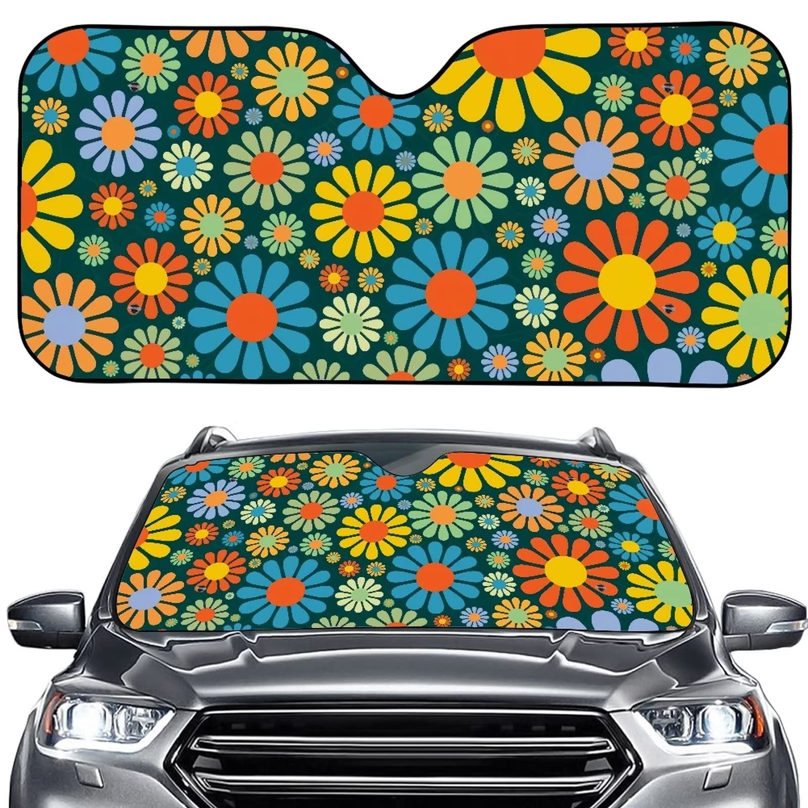 Xoenoiee Auto-Windschutzscheiben-Abdeckung im Hippie-Blumen-Muster, Sonnenblende für Auto, schützt den Innenraum des Autos vor Verblassen und Rissen von Xoenoiee