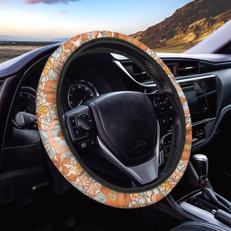 Xoenoiee Groovy Hippie Blumen Muster Auto Lenkradbezug - Universelles Autozubehör für verschiedene Autos, langlebige Abdeckung mit Anti-Rutsch-Futter, für Lenkrad von Xoenoiee