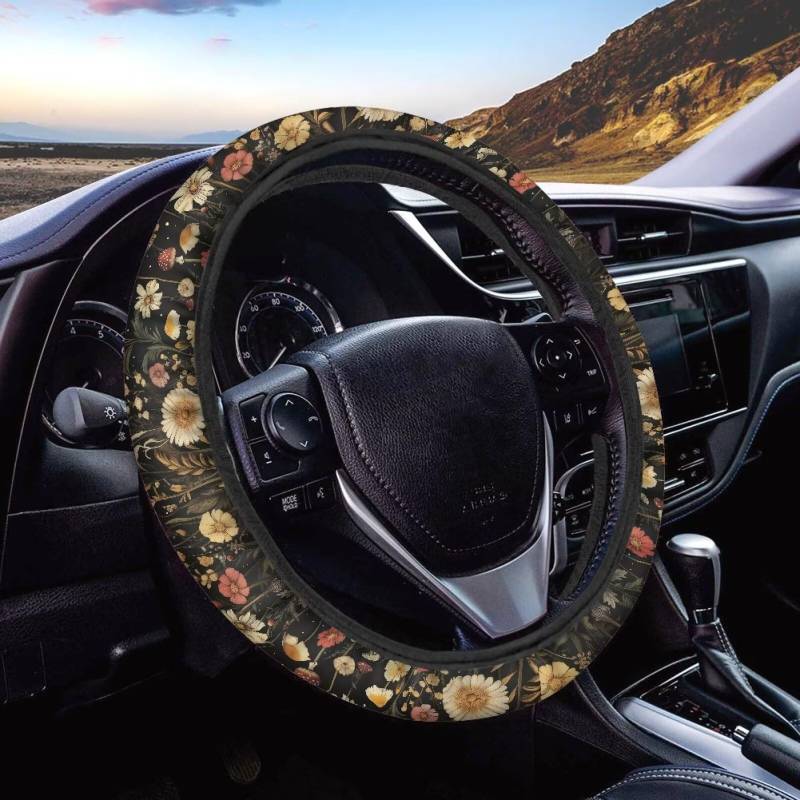 Xoenoiee Retro Pilz und Gänseblümchen Muster Auto Lenkradbezug - Universelles Autozubehör für verschiedene Autos, langlebige Abdeckung mit Anti-Rutsch-Futter, für Lenkrad von Xoenoiee