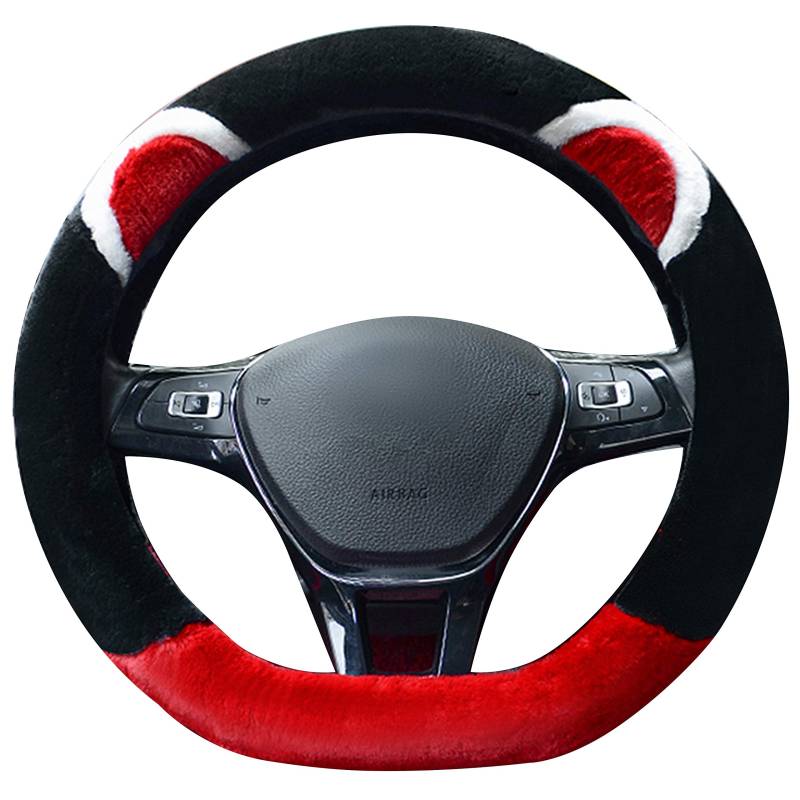 XuanMax D Form Winter Plüsch Lenkradhüllen 15'' Weich Warm Lenkradbezug Lenkrad Abdeckung 38cm Lenkradschutz Lenkradabdeckung Lenkradschoner für Weibliche Frauen Mädchen Damen - Schwarz Rot von XuanMax