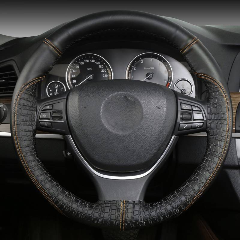 XuanMax Prägung Universal Lenkradbezug Echtes Leder DIY Handgenähtes Atmungsaktiv Lenkradhülle Lenkradschoner Auto Lenkrad Abdeckung Lenkradabdeckung Rutschfest Lenkradschutz 38 cm - Orange Linie von XuanMax