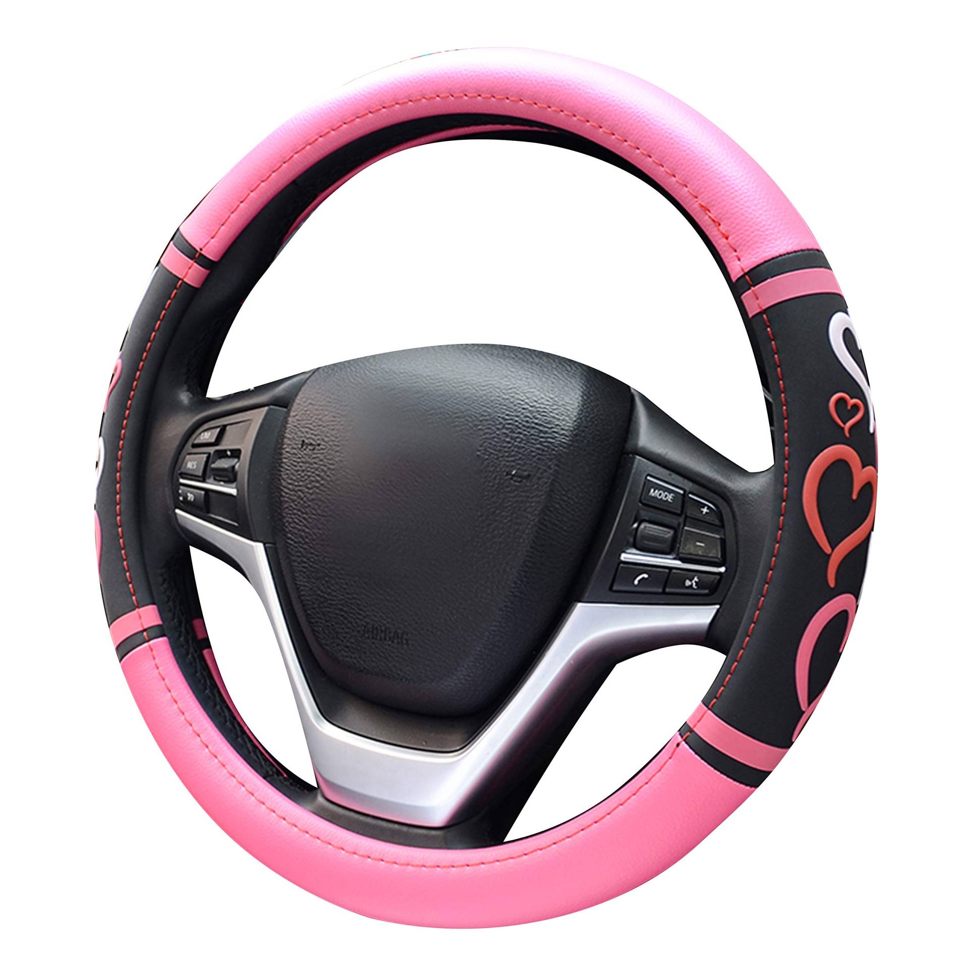 XuanMax Schön Herz Frauen Auto Lenkradhülle Mikrofaser Leder 38cm Fahrzeug Lenkradbezug Atmungsaktiv Lenkradschutz 15'' Lenkrad Abdeckung Anti Rutsch Lenkradabdeckung Lenkradschone - Pink von XuanMax