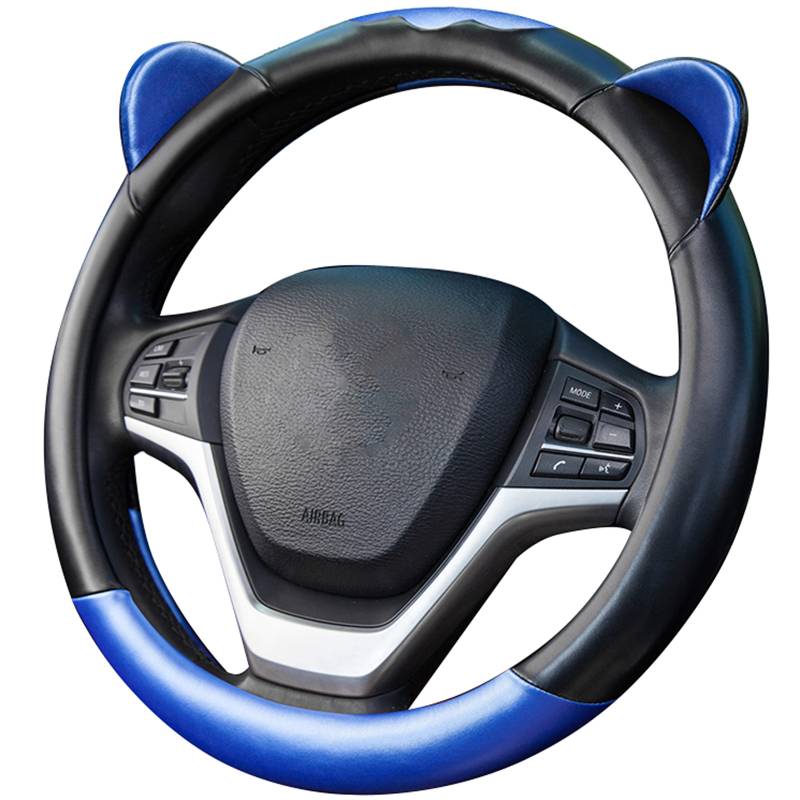 XuanMax Universal Mode Lenkradbezug mit Ohren 38cm PU Leder Lenkradschutz 15'' Niedlich Anti-Rutsch Lenkradabdeckung - Blau von XuanMax