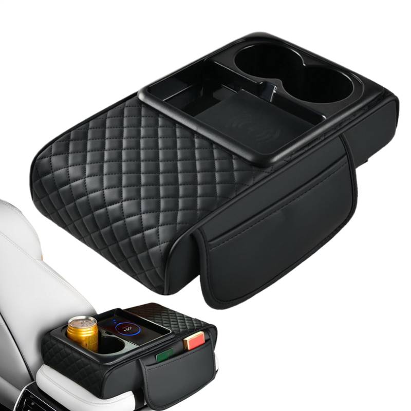 Xvilmaun Auto Armlehne Pad | Kabelloses Laden Auto Armlehne Abdeckung Kissen - Kunstleder Ellenbogenstütze mit Seitentasche und Getränkehalter für Wasserflasche, Taschentuchbox, Schlüssel von Xvilmaun