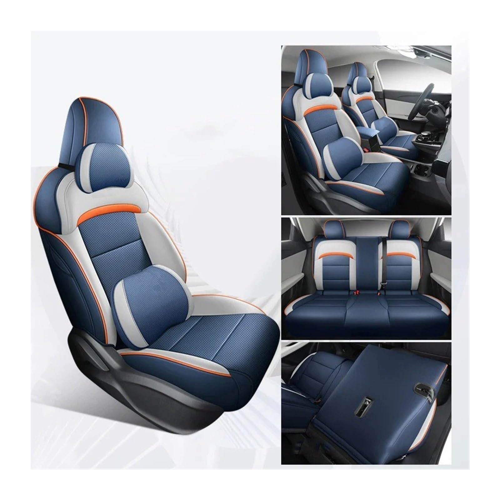 Autositzbezüge Set Für MG4 Für Mulan Leder Auto Sitz Abdeckung Auto Zubehör Innen Full Set Autos Auto Schonbezüge(5 Seats Blue Pillow) von YAKISA