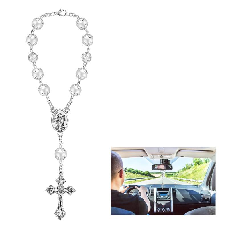 YALiya Auto Rosenkranz zum Schutzengel Anhänger, mit Christophorus und Kruzifix in Silber, Auto Rosenkranz für Rückspiegel, Silber Geschenk Gebetsperlen mit Verschluss für Visier Amulette (A) von YALiya