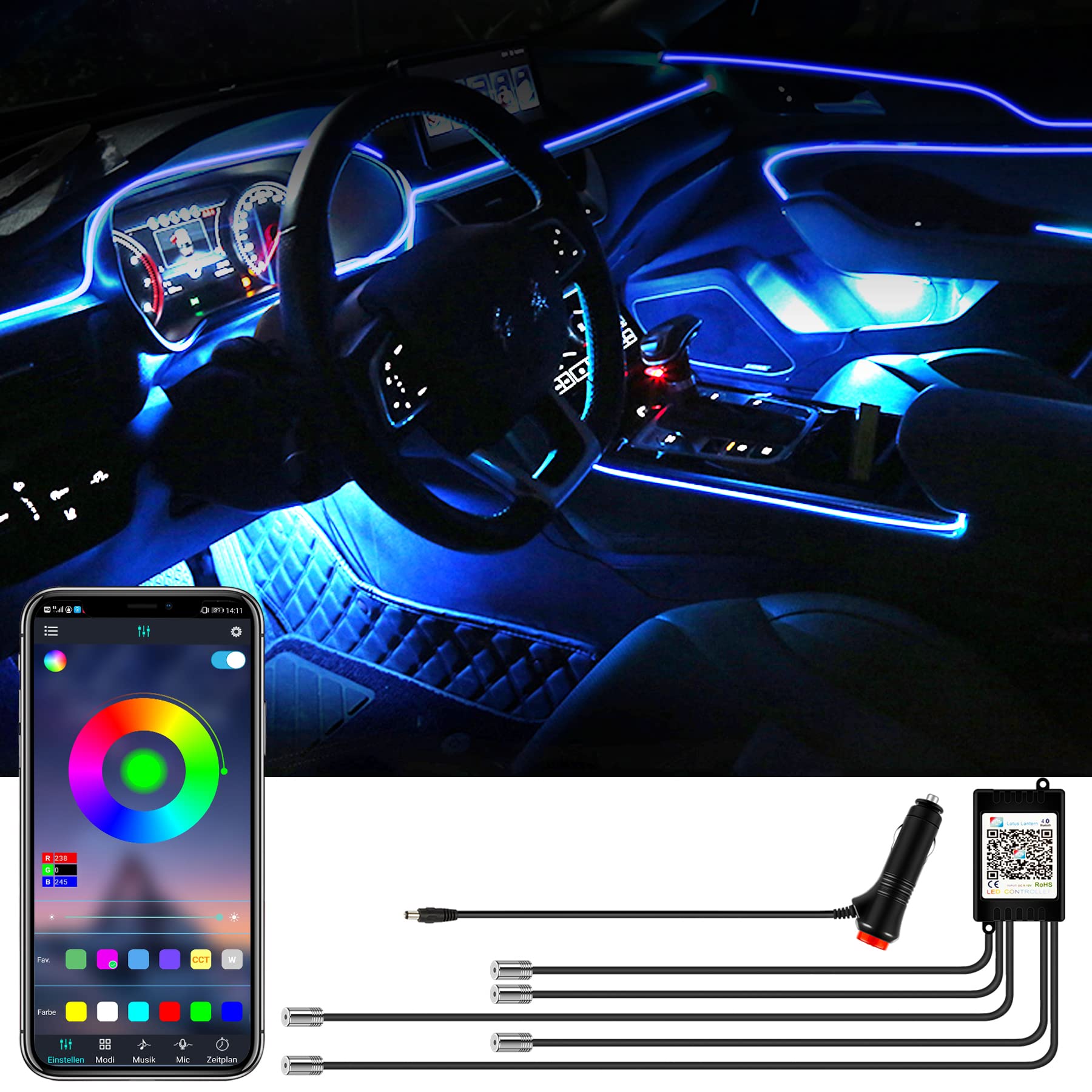 YAOBLUESEA 12V Auto LED Innenbeleuchtung, 6M LED 5050 RGB Ambientebeleuchtung Atmosphäre Neon Lichtleiste Light, wasserdichte LED Licht Strip Streifen mit APP von YAOBLUESEA