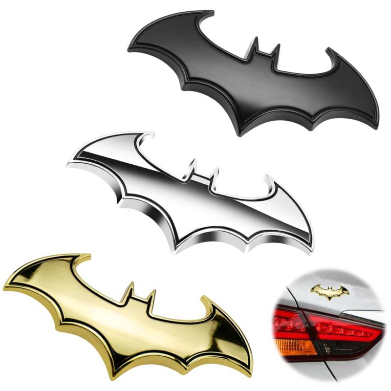 YAPKOLV 3 Pcs 3D Stainless Steel Bat Car Emblem Decal Badge, 3D Emblem Fledermaus Kunststoff mit Schaumstoff-Kleberückseite, 3D Chrom Metall Auto Logo Auto Aufkleber Batman Abzeichen von YAPKOLV