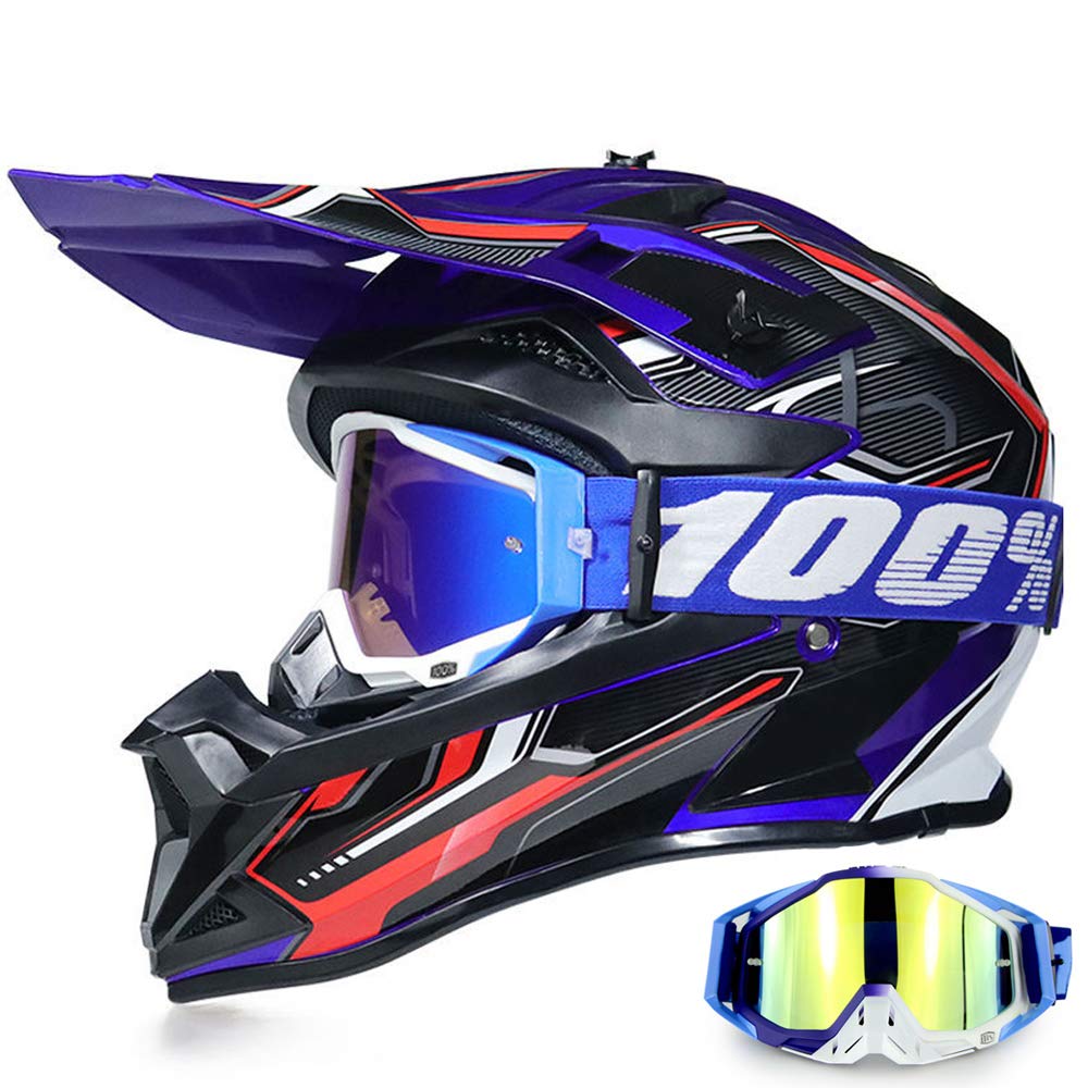YASE Motorradhelm Crosshelm mit Brille, Motocross Helm/Enduro Downhill Helm, Offroad Motorradbrille Herren/Damen Full Face MTB Helm für Moped/ATV/Mountain Bike (Schwarz/Blau/Rot,M (54-55 cm)) von Azinol