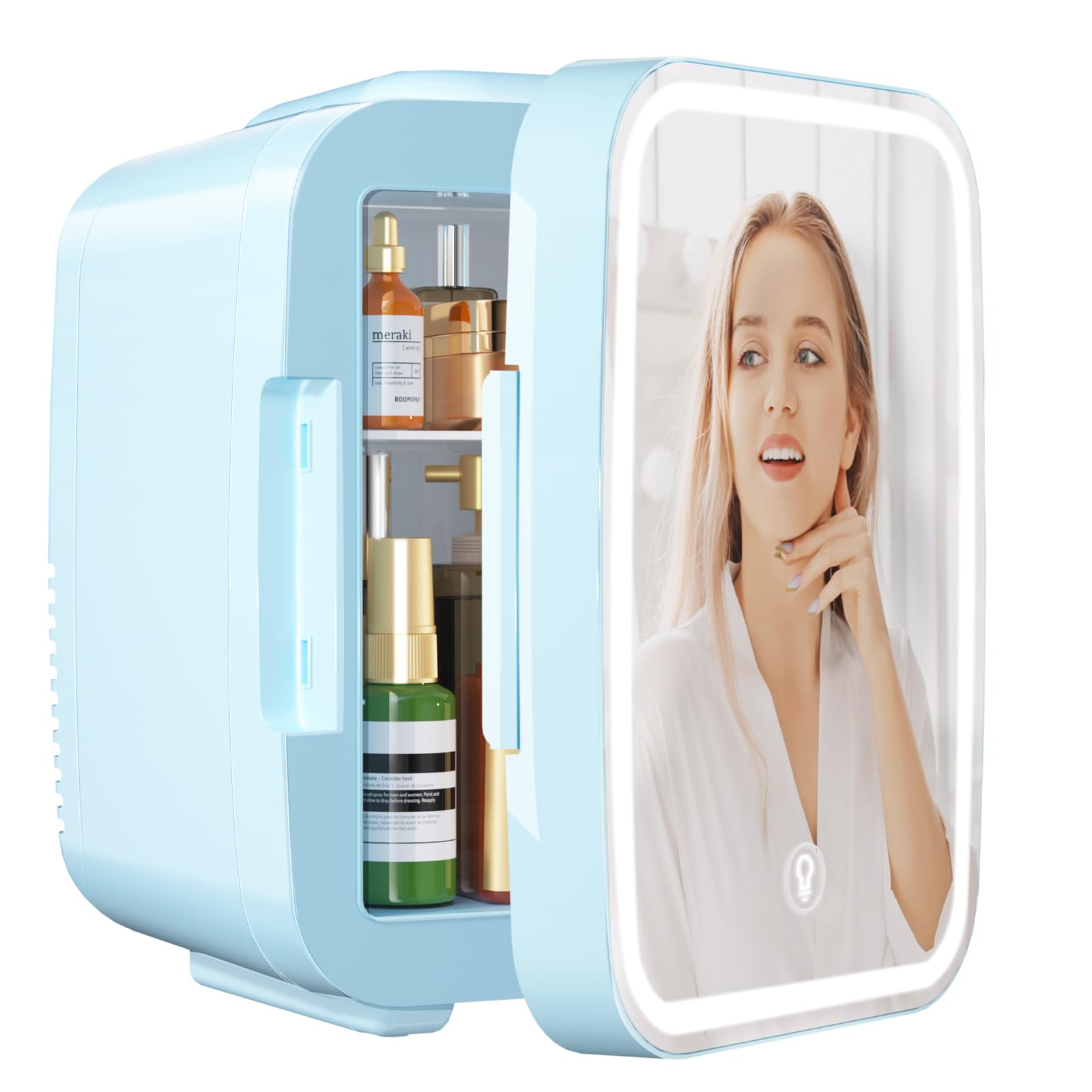 YASHE Mini Kühlschrank, Skincare-Kühlschrank mit LED-Lichtspiegel, 4-Liter-Kleinkühlschrank tragbar, 220V AC / 12V DC Thermoelektrische Heizung und Kühlung für Auto, Büro, Wohnheim (Blau) von YASHE