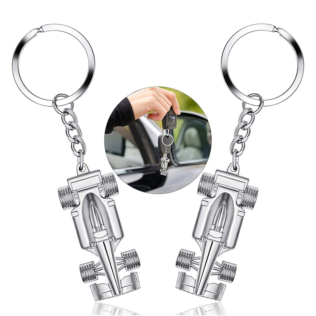 YATEICBC 2 Stück Silber Rennauto Schlüsselanhänger Auto Modell Schlüsselanhänger Racing Anhänger Schlüsselanhänger Schlüsselanhänger Geschenk für Jungen oder Herren von YATEICBC