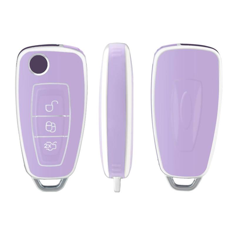 Autoschlüssel Gehäuse Für Ford Ranger C-Max S-Max Focus Galaxy Mondeo Transit Tourneo Autoschlüsselhalter Soft Key Case Cover Ustom Schlüsselanhänger(Purple Silver) von YBCVEPQ