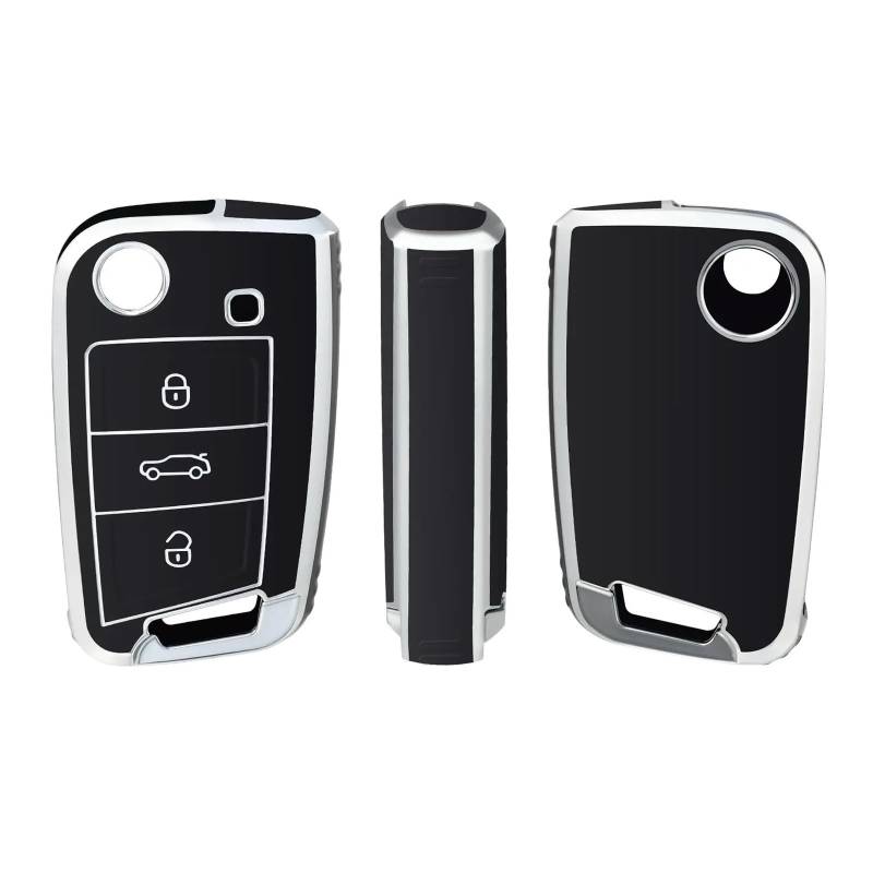 Autoschlüssel Gehäuse Für VW Golf 7 Variant Polo Tiguan Seat Leon Cupra Skoda Octavia Superb Weiche TPU Autoschlüsseletui Shell Schlüsselanhänger Schutz(Black Silver) von YBCVEPQ