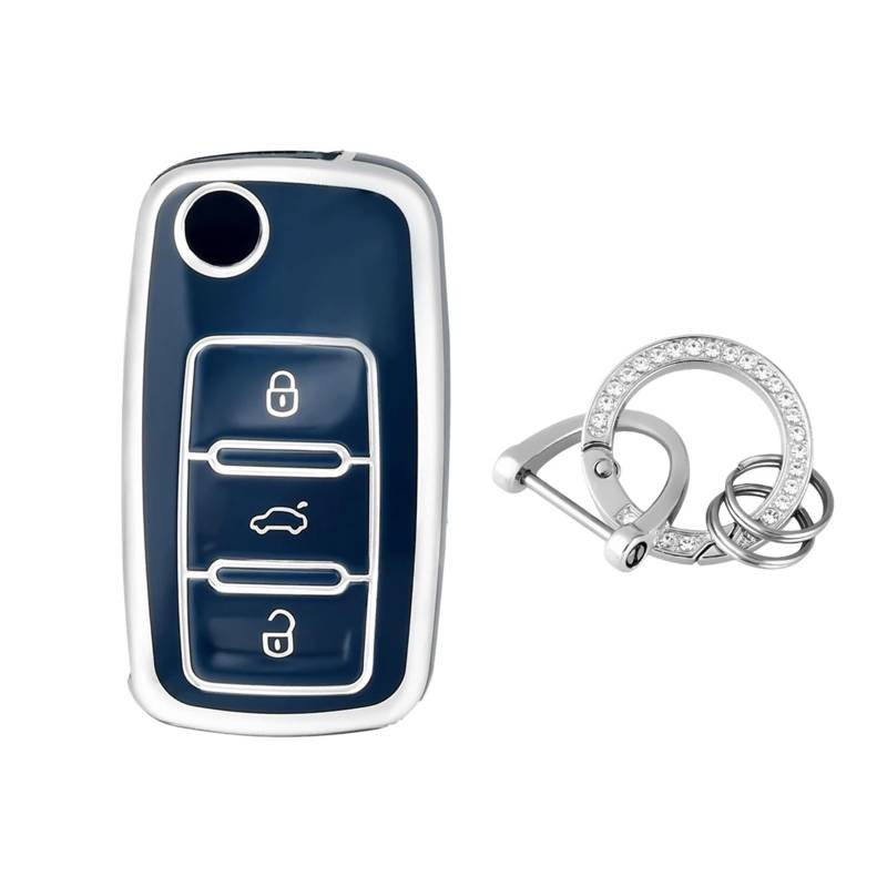 Autoschlüssel Gehäuse Für VW Langyi Sagitar Jetta Weiling Bora Tiguan Autoschlüsseletui Abdeckung Schlüsselanhänger Schlüsselanhänger Für Autoschlüsseletui(Dark Blue Silver Set) von YBCVEPQ