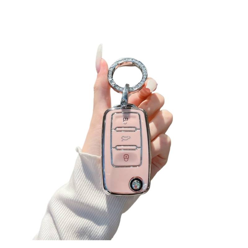 Autoschlüssel Gehäuse Für VW Langyi Sagitar Jetta Weiling Bora Tiguan Autoschlüsseletui Abdeckung Schlüsselanhänger Schlüsselanhänger Für Autoschlüsseletui(Pink Silver Set) von YBCVEPQ