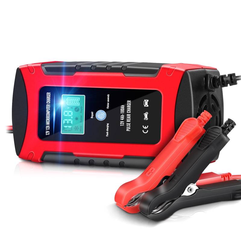 YDBAO Autobatterie Ladegerät 12A 12V, Intelligentes Batterieladegerät mit LCD Touchscreen für Autos, Motorräder, Boote, 12V Blei-Säure-Batterien, Rot von YDBAO