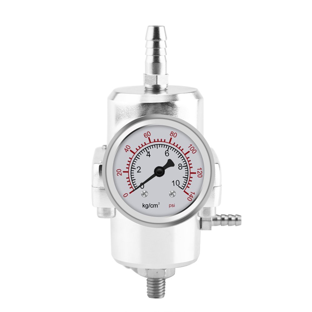 Einstellbarer FPR von Universeller Kraftstoffdruckregler mit Messgerät 0-140psi Aluminiumlegierung Zur Verstärkten Beschleunigung und Stabilem Kraftstoffdruck (SILVER) von YDuupxe