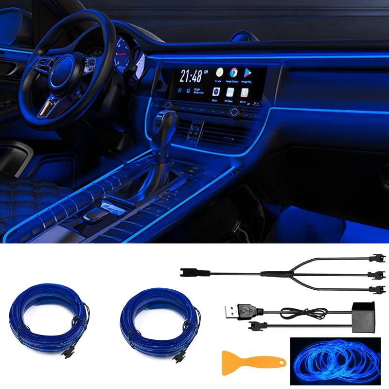 2 Pieces EL Wire Car LED Interior Lights Strip,One Interface Links Three Lines, Neon Wire Lights Total Length 10m 6mm Wide Sewing Edge Glowing EL Wire Lights for Car Ambient Lighting Kit (blau) von YEKUYEKU