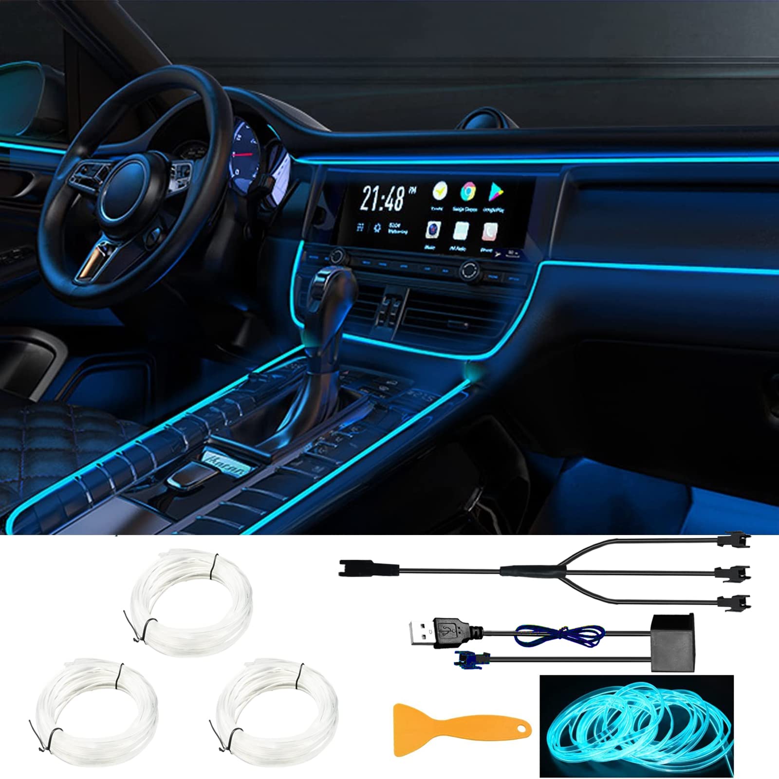EL Wires Car Kit, EL Wire Auto-Innenbeleuchtung, EL Draht, EL Draht Neon Leuchtende, USB EL Wire, Flexible Neonlichtröhre 5m/16.5ft Auto Dekorationen LED Lichter für Auto Interieur von YEKUYEKU