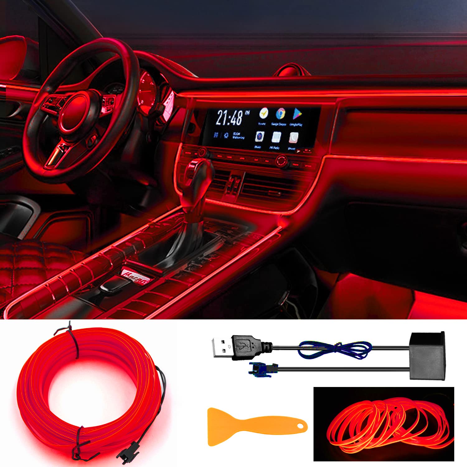 EL Wires Car Kit, Neon Leuchtende Flexible Draht, USB EL Wire, Neonlichtröhre 5m/16.5ft Auto Dekorationen LED Lichter für Auto Interieur von YEKUYEKU