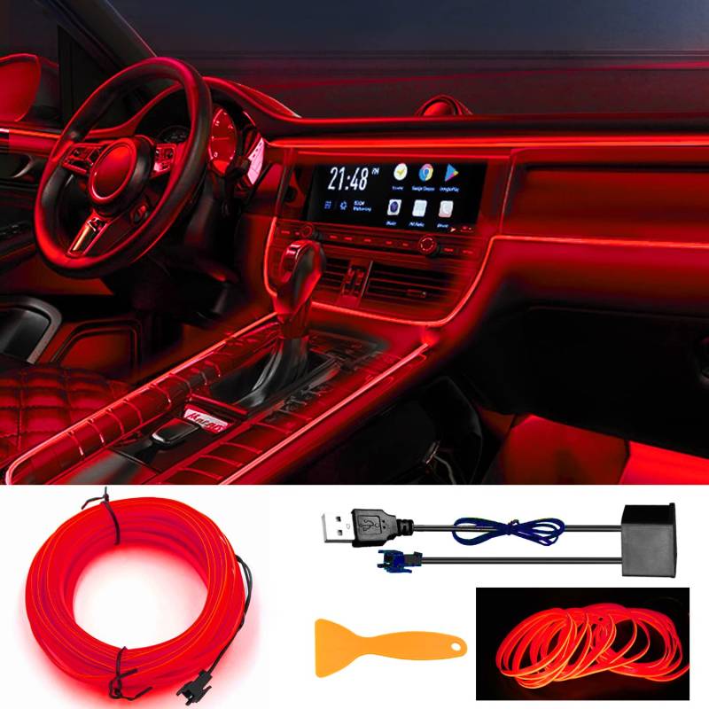 EL Wires Car Kit, Neon Leuchtende Flexible Draht, USB EL Wire, Neonlichtröhre 5m/16.5ft Auto Dekorationen LED Lichter für Auto Interieur von YEKUYEKU