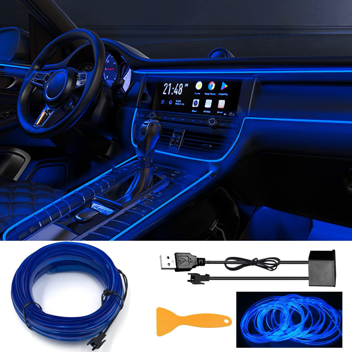 EL Wires Car Kit, EL Draht, EL Draht Neon Leuchtende, Flexible Neon EL Draht, USB EL Wire, Flexible Neonlichtröhre 5m/16.5ft Auto Dekorationen LED Lichter für Auto Interieur von YEKUYEKU