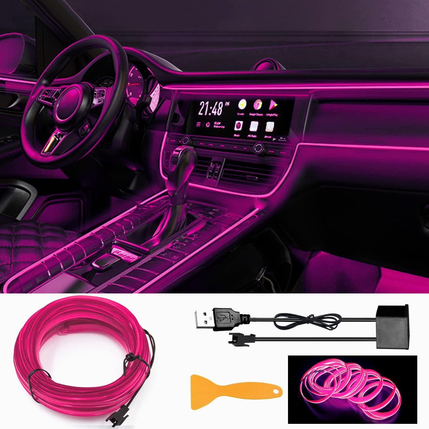 EL Wires Car Kit, EL Draht, EL Draht Neon Leuchtende, Flexible Neon EL Draht, USB EL Wire, Flexible Neonlichtröhre 5m/16.5ft Auto Dekorationen LED Lichter für Auto Interieur von YEKUYEKU