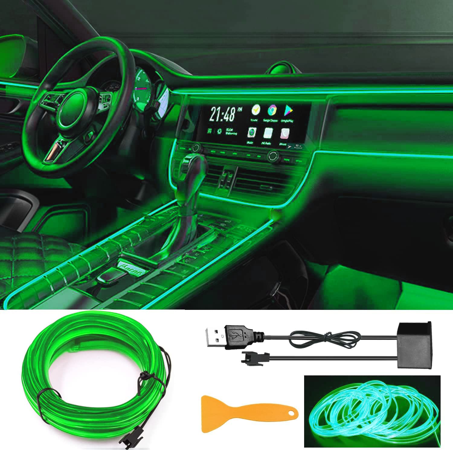 EL Wire Car LED Interior Lights Strip USB Neon Wire Lights 197 inch 6mm Sewing Edge Glowing EL Wire Lights for Car Ambient Lighting Kit 5M/16.5ft Car Decorations LED Lights for Car Interior (grün) von YEKUYEKU