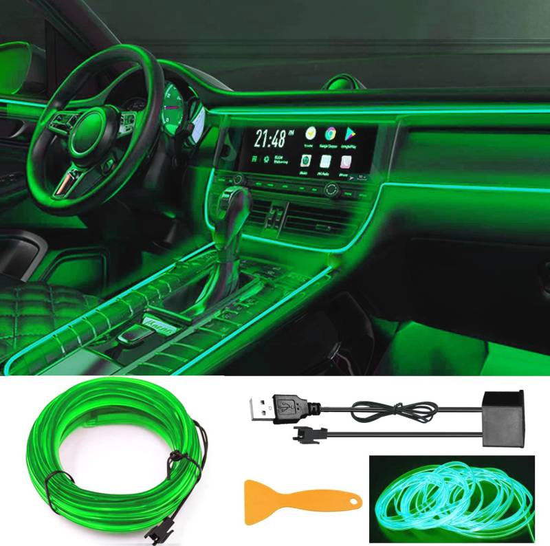 EL Wire Car LED Interior Lights Strip USB Neon Wire Lights 197 inch 6mm Sewing Edge Glowing EL Wire Lights for Car Ambient Lighting Kit 5M/16.5ft Car Decorations LED Lights for Car Interior (grün) von YEKUYEKU