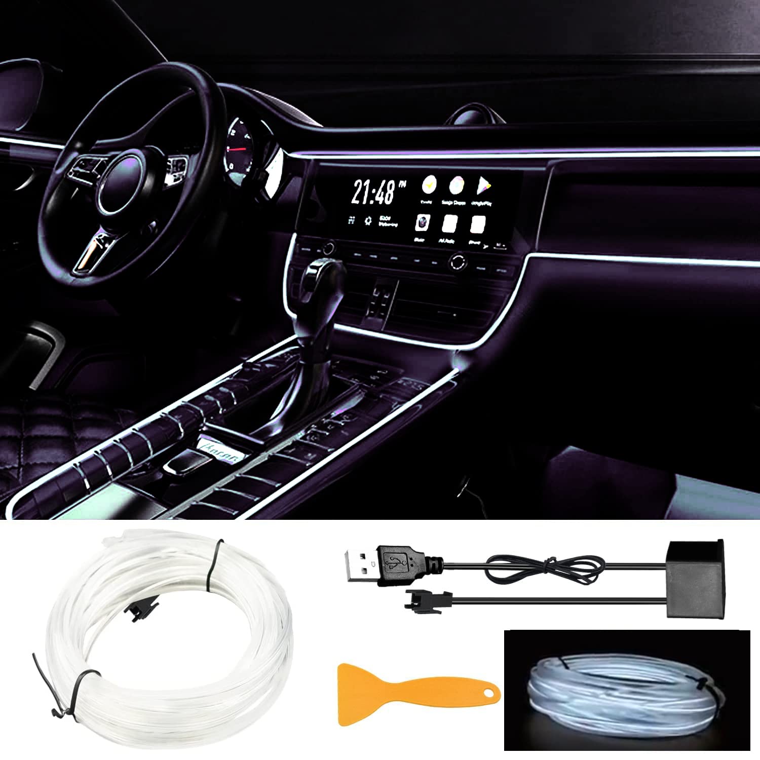 EL Wire Car LED Interior Lights Strip USB Neon Wire Lights 197 inch 6mm Sewing Edge Glowing EL Wire Lights for Car Ambient Lighting Kit 5M/16.5ft Car Decorations LED Lights for Car Interior (weiß) von YEKUYEKU