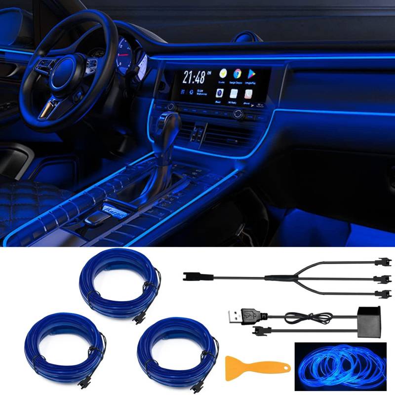 3 Pieces EL Wire Car LED Interior Lights Strip,One Interface Links Three Lines, USB Neon Wire Lights Total Length 8m 6mm Wide Sewing Edge Glowing EL Wire Lights for Car Ambient Lighting Kit von YEKUYEKU