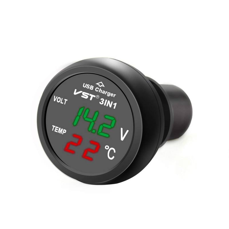Hoembpn 3 in 1 USB-Ladegerät für Auto, Motorrad, Spannungsanzeige Voltmeter mit digitaler LED-Anzeige, wasserdicht, Ladegerät/Thermometer 12 V-24 V von Hoembpn