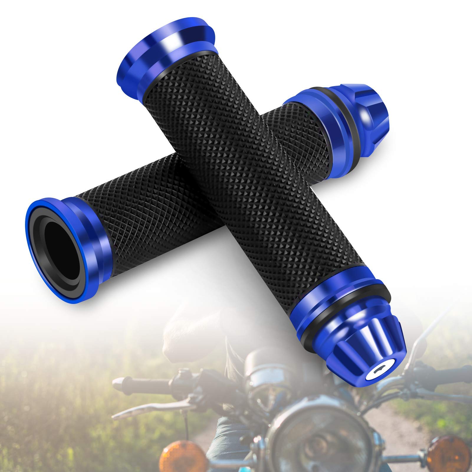 Motorrad-Lenkergriffe, Gummi-Handgriffe mit Aluminium-Lenkerende, Universal für 7/8"(22 mm) Lenker(Blau) von YHG