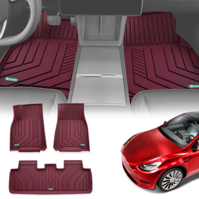 YHTAUTO Automotive Fußmatten TPE Komplettes Set Einlagen Ersatz für 2020-2023 Tesla Model Y Vorder- und 2. Sitz, Allwetterschutz Wasserdicht Anti-Rutsch-Passform Automatten Geruchlose Teppiche, Rot von YHTAUTO