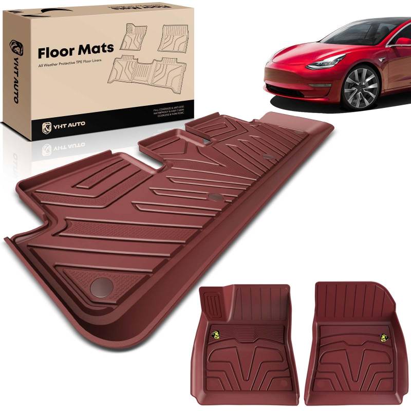 YHTAUTO Automotive Fußmatten TPE Komplettes Set Liner Ersatz für Tesla Model 3 2017-2023 Vorder- und 2. Sitz, Allwetterschutz Wasserdicht Anti-Rutsch-Passform Automatten Geruchlose Teppiche, Rot von YHTAUTO